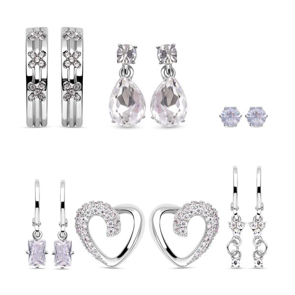 6er-Set - Wei&szlig;e Kristall Ohrringe, Stecker und Creolen, reines Messing