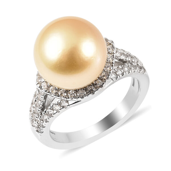 Goldene Südsee Perle und Zirkon Ring 925 Silber Rhodium-Überzug image number 3