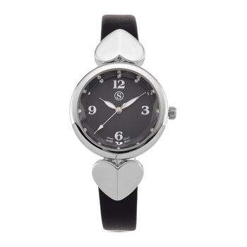 STRADA Uhr mit PC21S Japan-Uhrwerk, graues Zifferblatt, scwharzes Armband mit silberfarbenen Herz-Details