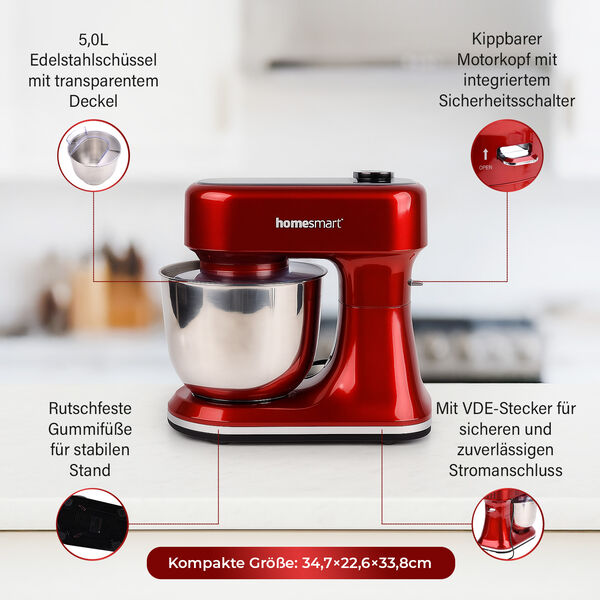 HOMESMART Küchenmaschine mit 5L Edelstahlschüssel und Zubehör, 34,7×22,6×33,8 cm, Rot image number 5