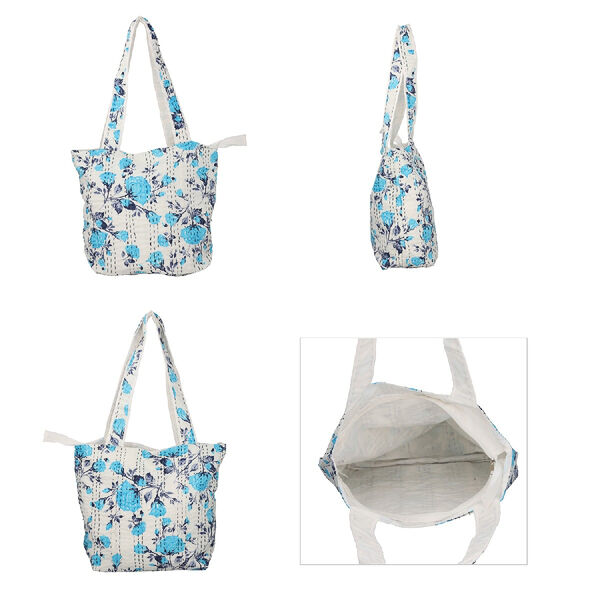 Kantha Schultertasche f&uuml;r Damen, Gr&ouml;&szlig;e 35,5x47 cm, Blau/Wei&szlig; image number 4