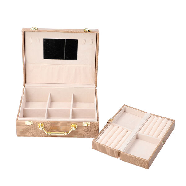 Schmuck Organizer mit Krokoprägung, Spiegel und Fächer, 23,5x18,5x8,5 cm, Elfenbein image number 7