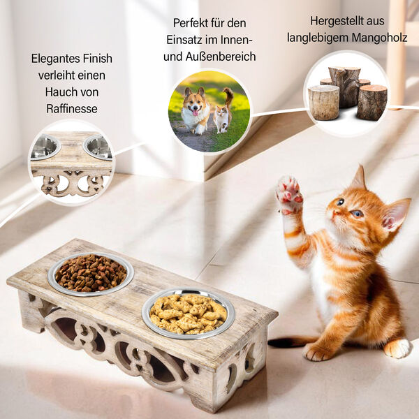 NAKKASHI Haustier-Futternapf aus Mangoholz mit 2 Edelstahl-Sch&uuml;sseln image number 2