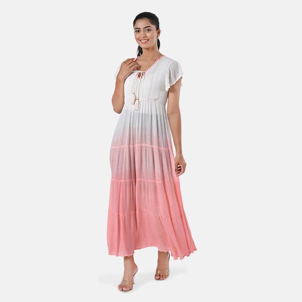 Maxikleid aus Viskose-Crepe mit Lurex Ombre-Schal mit Quasten aus Poly-Seide-Modal und Crossbody Tasche Rosa image number 2