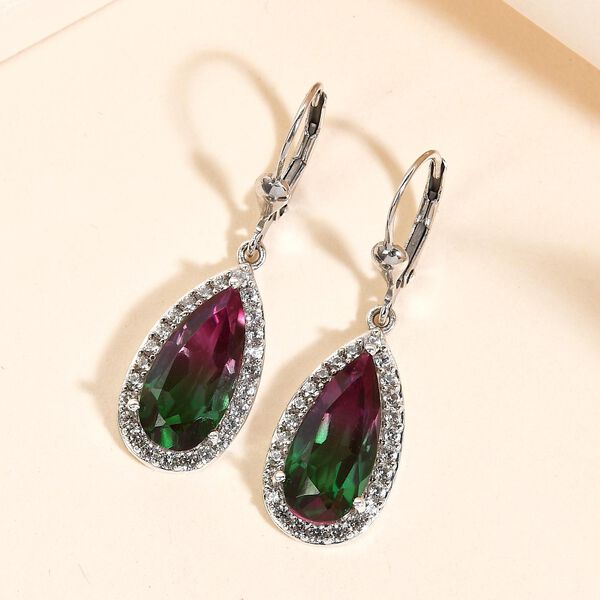 Wassermelonen-Quarz-Triplett und Zirkon-Halo-Ohrhänger in Silber image number 2