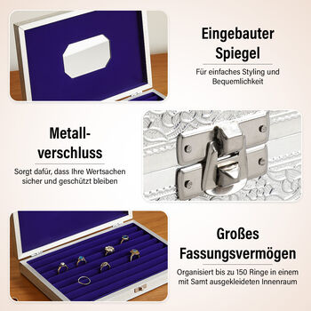 Minakari-Ringbox, oxidiertes Finish, Blumenpr&auml;gung, f&uuml;r 150 Ringe, 35,6x25x5,8 cm