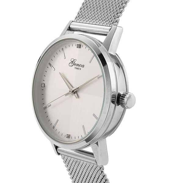 GENOA TIME - V2 Automatik Armbanduhr, Geh&auml;use 316 Edelstahl Zweifarbiges Sonnenschein Zifferblatt mit wei&szlig;em Diamant Edelstahl Mesharmband silberfarben image number 4