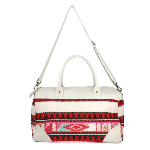 Stilvolle Weekender-Tasche aus 100% echtem Leder mit handgewebtem Dekor, weiß image number 7