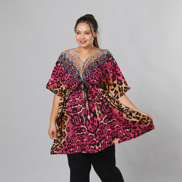 V-Ausschnitt bedruckter Kaftan, Einheitsgr&ouml;&szlig;e Rosa image number 4