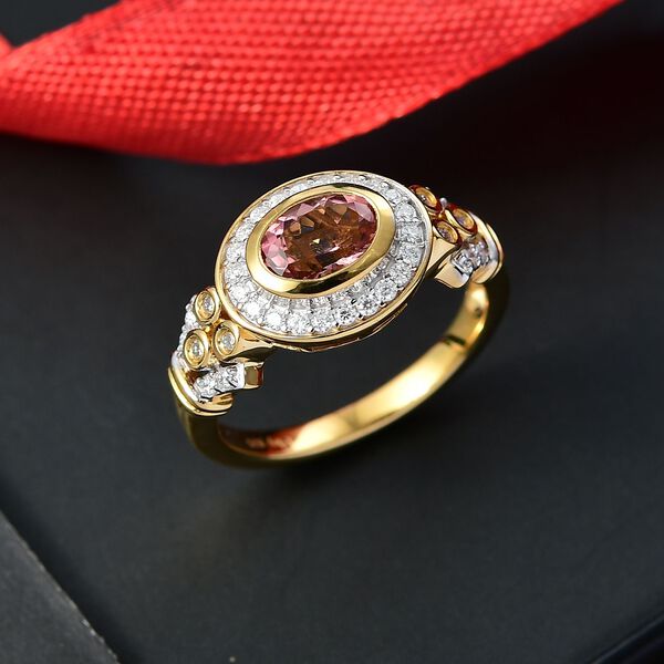 M&Uuml;NCHEN CLOSE OUT - D'Joy AA Cruzeiro Blush Turmalin, Moissanit Ring 925 Silber 750 Gelbgold Vermeil (Gr&ouml;&szlig;e 17.00) ca. 1.15 ct image number 1