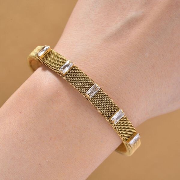 Wei&szlig;er Kristall Armreif, flexibel (ca. 18-19 cm), 316L Edelstahl, goldfarben image number 2