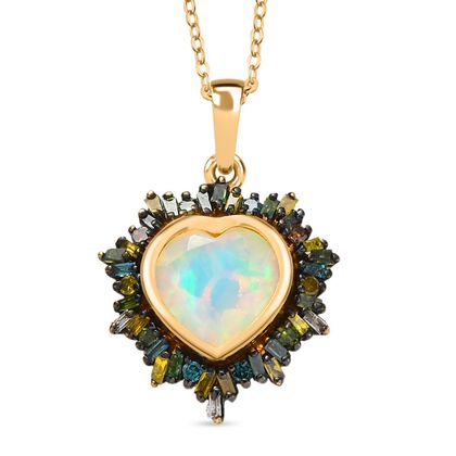 Bloom Heart - D joy Nat&uuml;rlicher, &auml;thiopischer Welo Opal, Nat&uuml;rlicher Champagner Diamant  Anh&auml;nger mit Kette, 925 Silber 750 Gelbgold Vermeil ca. 2,05 ct.