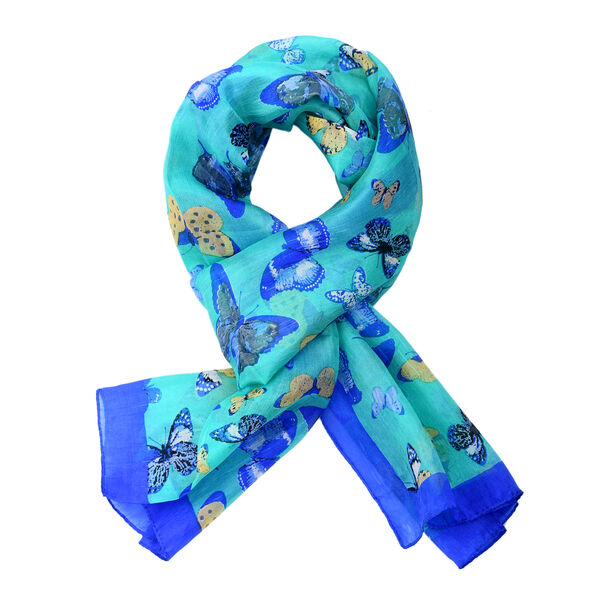 Bedruckter 100% Satin-Seidenschal, 48x160cm, Meeresblau image number 4