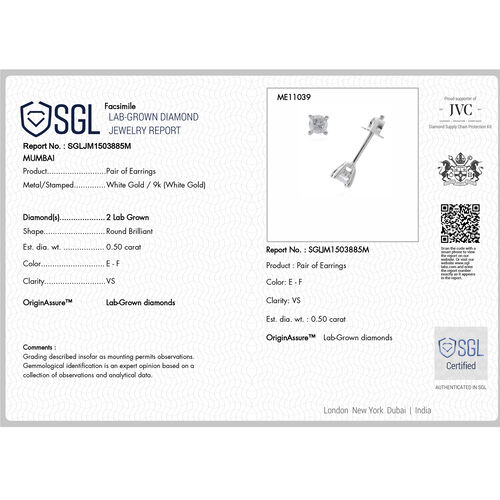 LUXURIANT DIAMOND- SGL zertifizierte VS-EF Labor Diamant Ohrringe in 375 Weißgold - 0,50 ct. image number 5