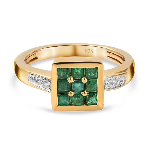 Kagem sambischer Smaragd und Zirkon-Ring, 925 Silber Gelbgold Vermeil  ca. 0,48 ct