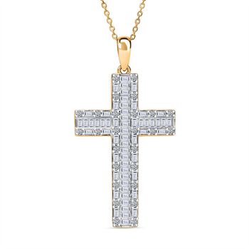 LUXURIANT SGL zertifizierter SI-GH Labor Diamant Kreuz Anh&auml;nger mit 50cm Kette, 925 Silber 750 Gelbgold Vermeil - 1 ct.
