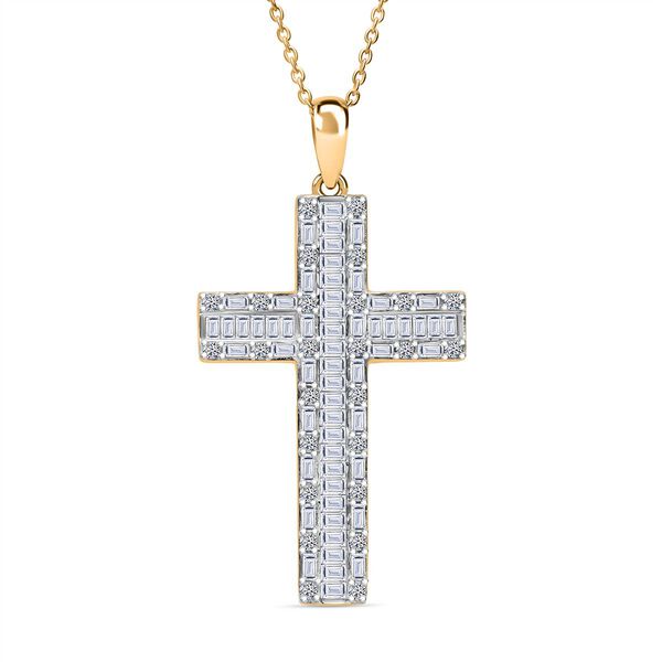 LUXURIANT SGL zertifizierter SI-GH Labor Diamant Kreuz Anh&auml;nger mit 50cm Kette, 925 Silber 750 Gelbgold Vermeil - 1 ct.