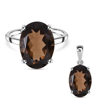 2er Set - Rauchquarz-Ring und Anh&auml;nger, 925 Silber ca. 10.97 ct