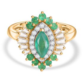 Djoy Kagem Sambischer Smaragd, Moissanit Ring 925 Silber 750 Gelbgold Vermeil (Größe 20.00) ca. 1.31 ct