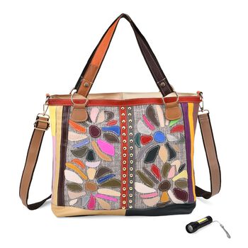 Chaos by Elsie Echtleder Crossbody Tasche mit RFID, Beige mit Blumen, 2 Au&szlig;entaschen, 1 Innen-Rei&szlig;verschlusstasche, Mini-Flashlight