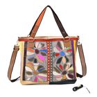 Chaos by Elsie - Umhängetasche aus recyceltem Echtleder mit farbigem Blumenmuster und Mini-Taschenlampe, ca. 40x14x35 cm, Beige