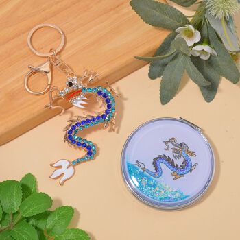 2er Set - Mehrfarbiger Kristall, Drachen-Set: Schl&uuml;sselanh&auml;nger und Spiegel, emailliert, goldfarben