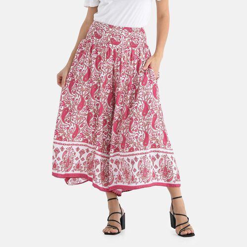 Gesmokte Taillen-Culottes mit Damastmuster, locker, bequem, elastischer Bund, 100 % Viskose, Einheitsgröße, Beige