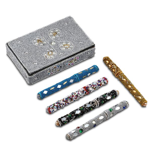 Perlen-Box mit 5 Kugelschreibern (12cm) Geschenkset, 8,5x13,5x3 cm, Silber