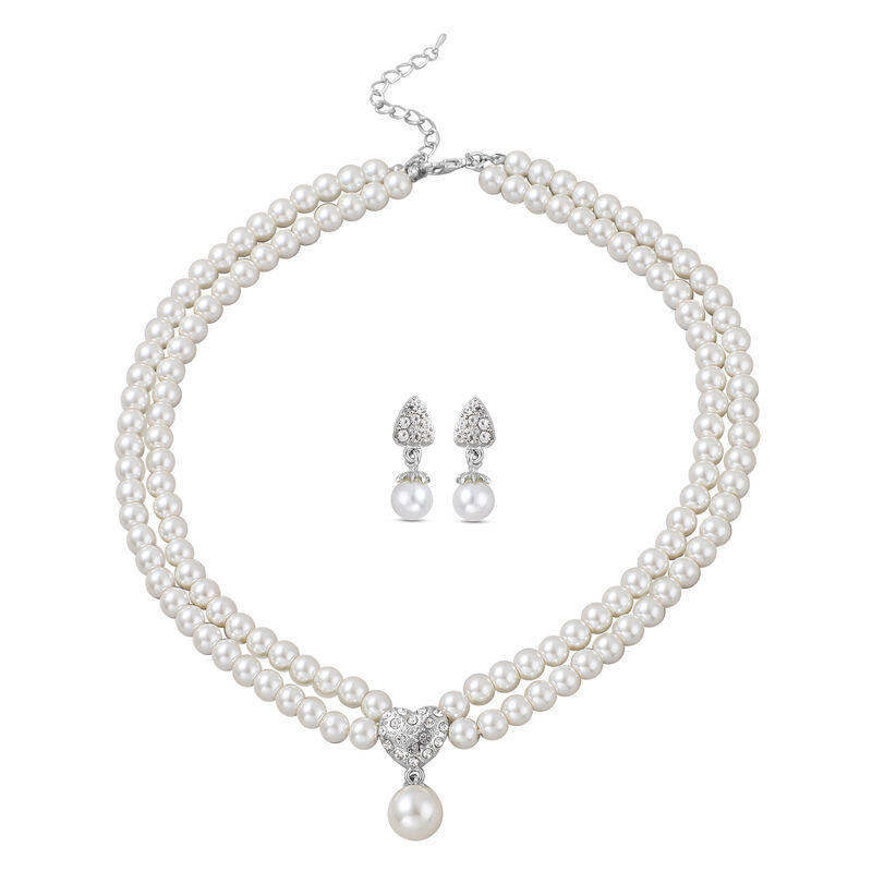 2er - Set weiße Glasperlen und Kristall-Halskette, ca. 50 cm, und Ohrringe silberfarben image number 0