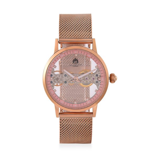 WILLIAM HUNT Wasserdichte Uhr mit Automatikwerk und Netzarmband in Goldton, 24cm image number 0