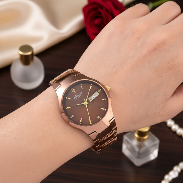 GENOA TIME V2 Uhr mit Japanischem VJ33 Quarzwerk, 36 mm, Zifferblatt mit Kristallen und Datumsanzeige, Armband aus Wolframstahl, 3 ATM wasserdicht, Coffee-Braun image number 3