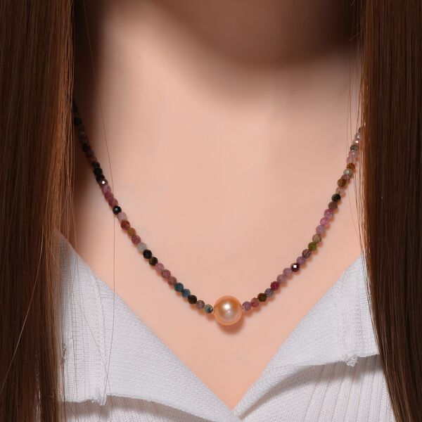 Mehrfarbige-Turmalin flexible Halskette, Pfirsich Perlen, 925 Silber rhodiniert image number 2