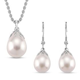 3er Set - Weiße Muschelkernperle Anhänger mit Kette und Ohrringe, Messing und Edelstahl