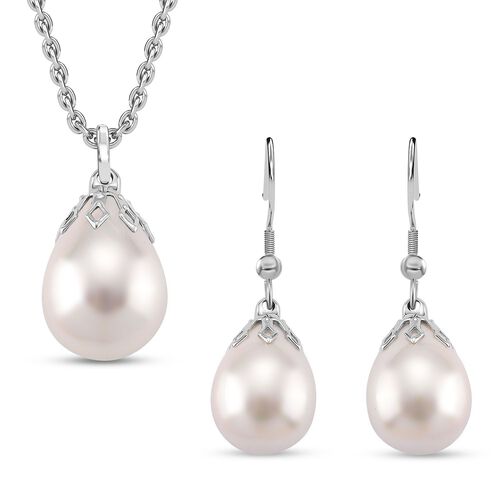 3er Set - Weiße Muschelkernperle Anhänger mit Kette und Ohrringe, Messing und Edelstahl image number 0