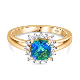 Pfau Quarz Triplette, Weißer Zirkon Ring 925 Silber 750 Gelb Vergoldet (Größe 18.00) ca. 1,42 ct