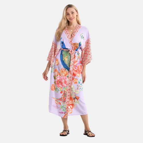 Kimono mit Gürtel, floralem Pfauenmuster, 128×78 cm, Fliederfarben image number 0