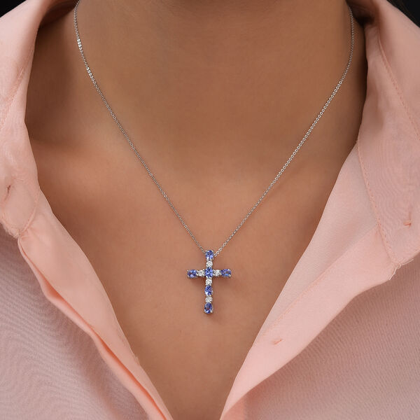 AAA Tansanit und Zirkon Kreuz-Anh&auml;nger, 925 Silber platiniert ca. 1,75 ct image number 2