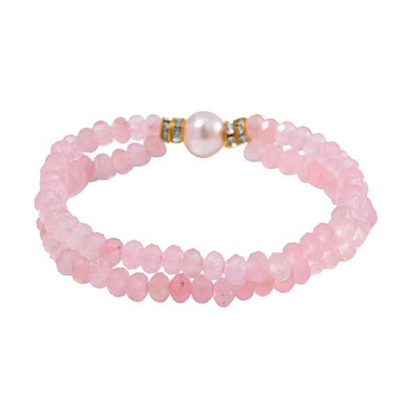 Muschelkernperle (9-11 mm) Armband mit Rosenquarz und Wei&szlig;em Kristall, flexibel, Goldfarben image number 2