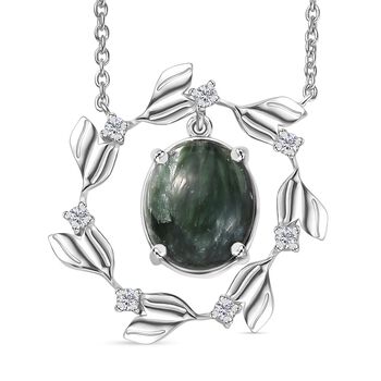 Viktorianische Bl&uuml;te - Sibirischer Seraphinite, Wei&szlig;er Zirkon Halskette, ca. 45 cm 925 Silber rhodiniert ca. 4.88 ct