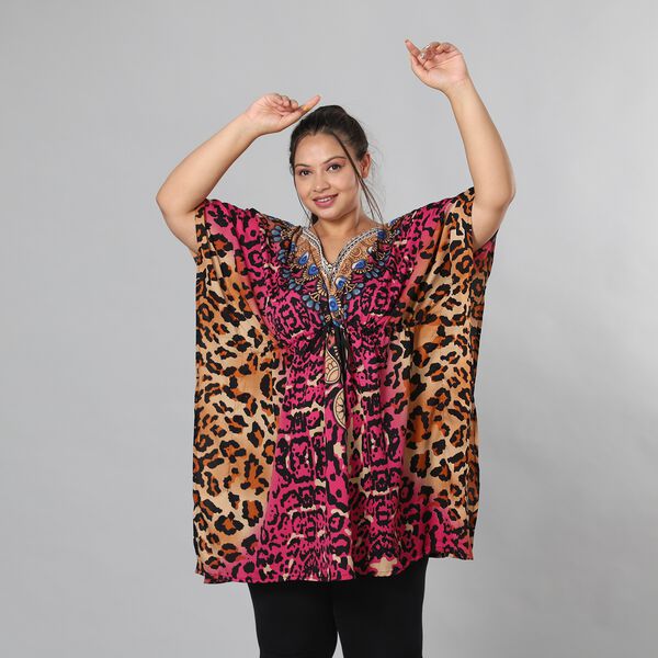 V-Ausschnitt bedruckter Kaftan, Einheitsgr&ouml;&szlig;e Rosa image number 2