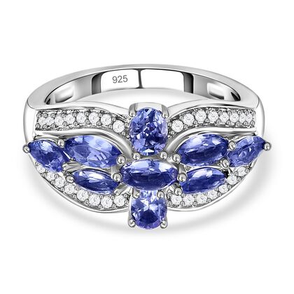 Tansanit und wei&szlig;er Zirkon-Ring, 925 Silber platiniert (Gr&ouml;&szlig;e 20.00) ca. 1.53 ct