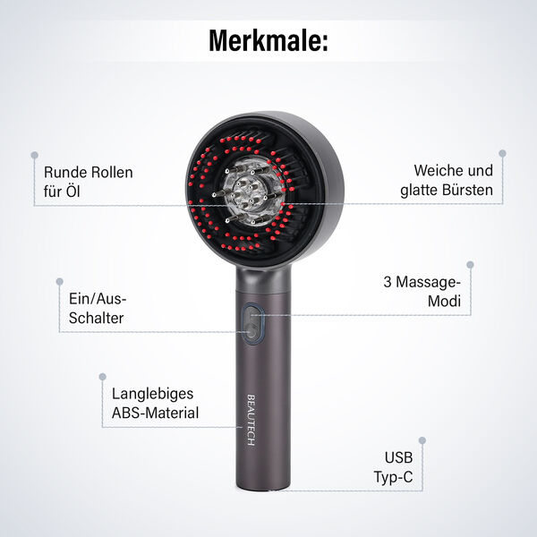 BEAUTECH Kopfhaut-Massagebürste mit rotem Therapielicht und 3 Massagestufen, 22x8,5x6 cm, Silber image number 5