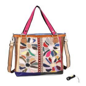 Chaos by Elsie - Umhängetasche aus recyceltem Echtleder mit farbigem Blumenmuster und Mini-Taschenlampe, ca. 40x14x35 cm, Weiß