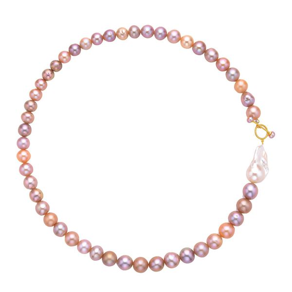 Mehrfarbige Edison Perlen Halskette, (8-10mm), ca. 50 cm, 925 Silber vergoldet image number 0