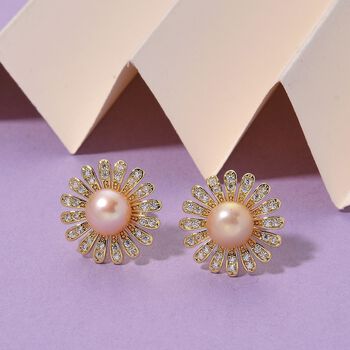 Pfirsich-S&uuml;&szlig;wasser Perle (7-9 mm), Wei&szlig;er Zirkonia Ohrringe Nickelfreies Messing vergoldet