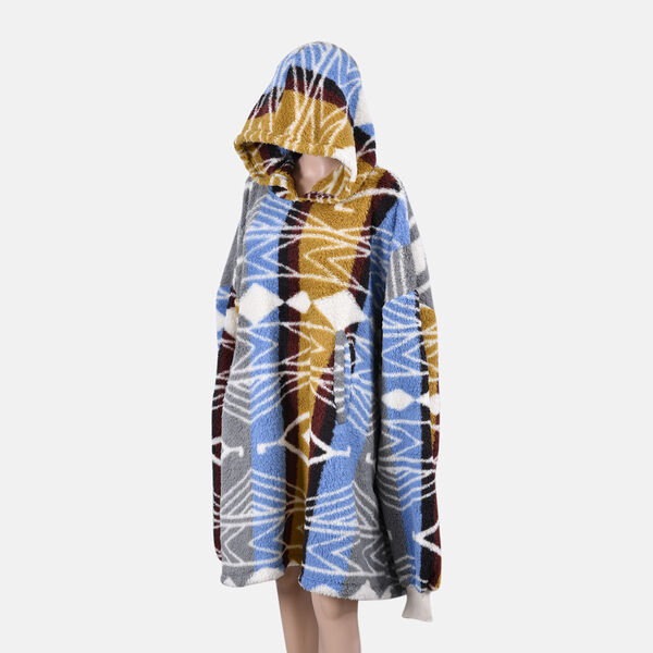 Wolkenweicher Sherpa-Hoodie mit Aztekenmuster, Blau-Grau-Senfgelb, Einheitsgröße  image number 2