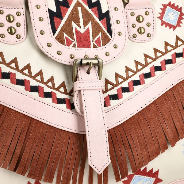 Handgefertigte Umh&auml;ngetasche aus Echtleder mit Stickerei, Fransen und geometrischem Muster, Magnetverschluss, 28x24x18cm, Cr&egrave;me image number 6