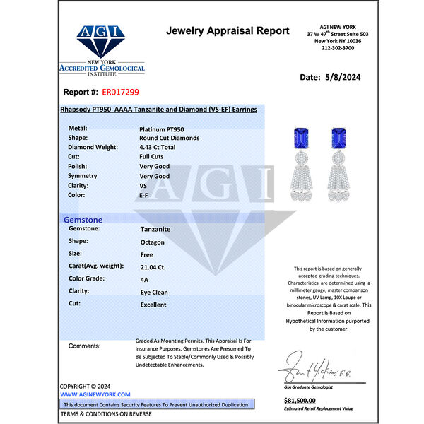Chairman's Vault Collection - zertifiziert und gepr&uuml;ft RHAPSODY AAAA Tansanit und VS-EF Diamant Ohrringe in 950 Platin - 25,47 ct. image number 8