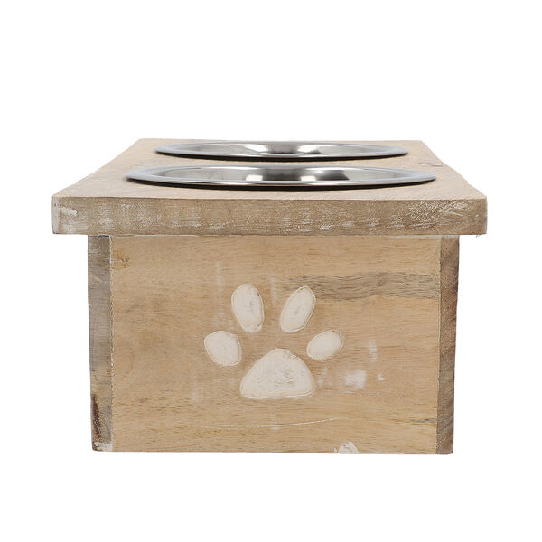 NAKKASHI - Handgeschnitzter Mangoholz Fressnapf mit Edelstahlschalen, 48x20x12,5 cm, Hunde image number 4