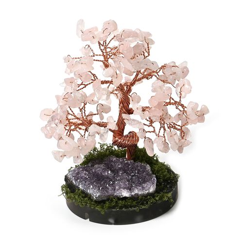 Handgefertigter Amethyst-Lebensbaum aus Heilsteinen, Glücksbaum mit Kupferdraht und Naturkristallen, ca. 12x12cm